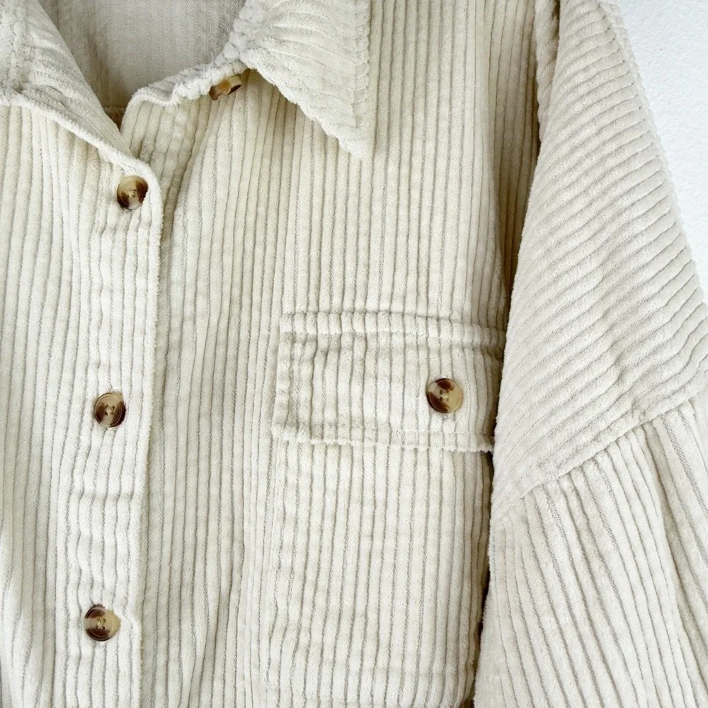 RSQ Mens Cream Wide Wale Corduroy Button Down Shirt Raw Hem XL Oversized Shacket